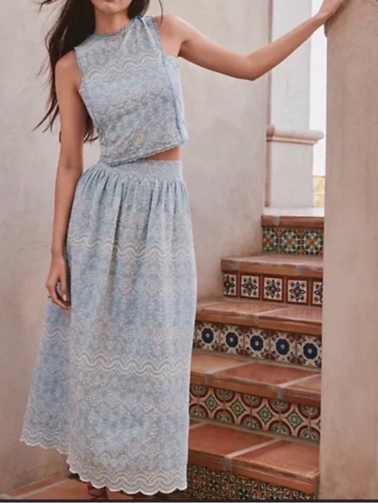 LOFT Dresses & Skirts - NWT LOFT Light Blue Maxi Skirt and Top with Lace Embroidery Scalloped Hem Set